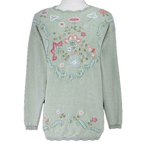 Vintage Streanigans Embroidered Sweater Women’s M Sage Cottagecore Fairy